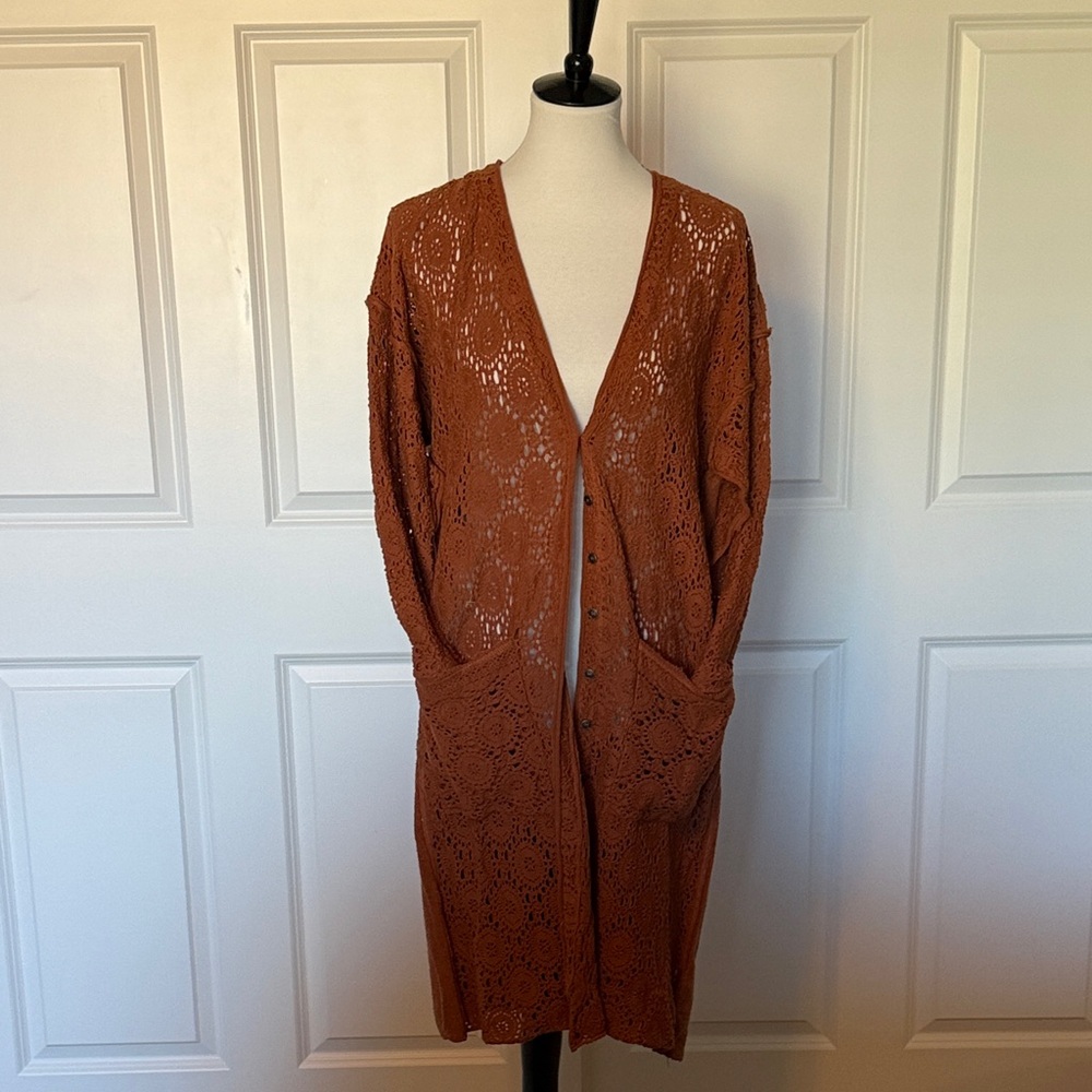 Free People Terracotta Crochet Cardigan